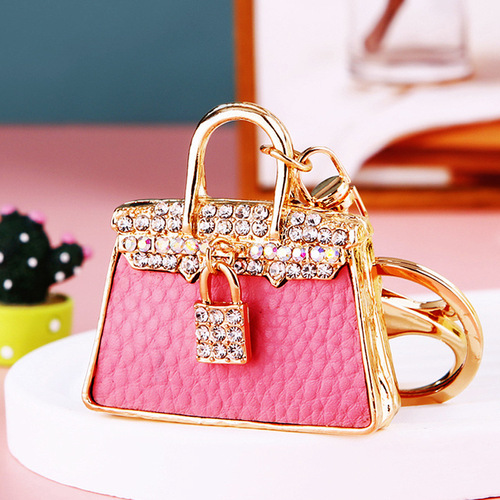 Diamond-encrusted leather small shoulder bag car keychain for women Korean fashion creative bag pendant metal key chain ring gift
