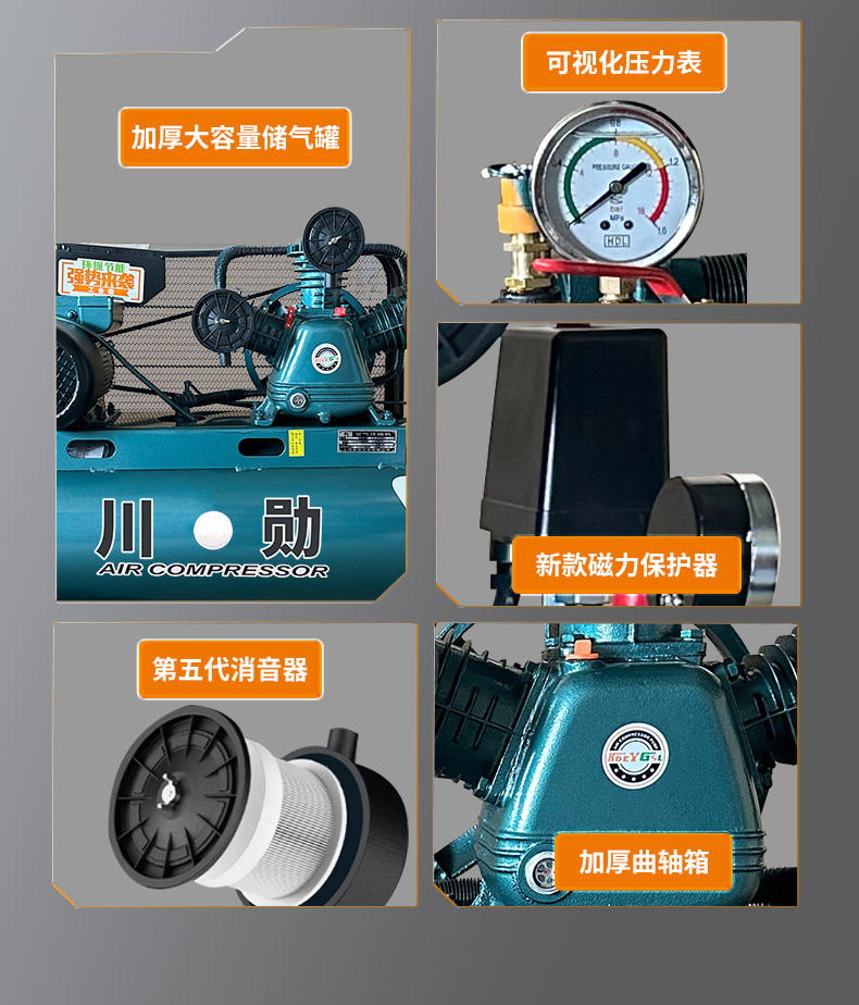 Oil-free silent air compressor, air compressor, high-pressure air pump, piston compressor, high-power electric motor, diesel engine
