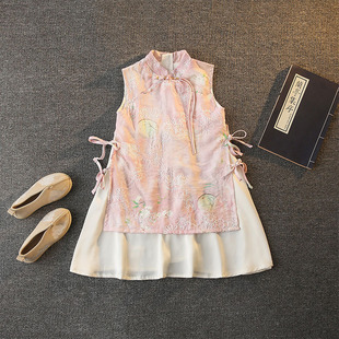 Girls' Chinese-Style Stand Collar Dress 2025 Summer New Chinese Cheongsam Faux Two-Piece Fashionable Baby First Birthday Dress
