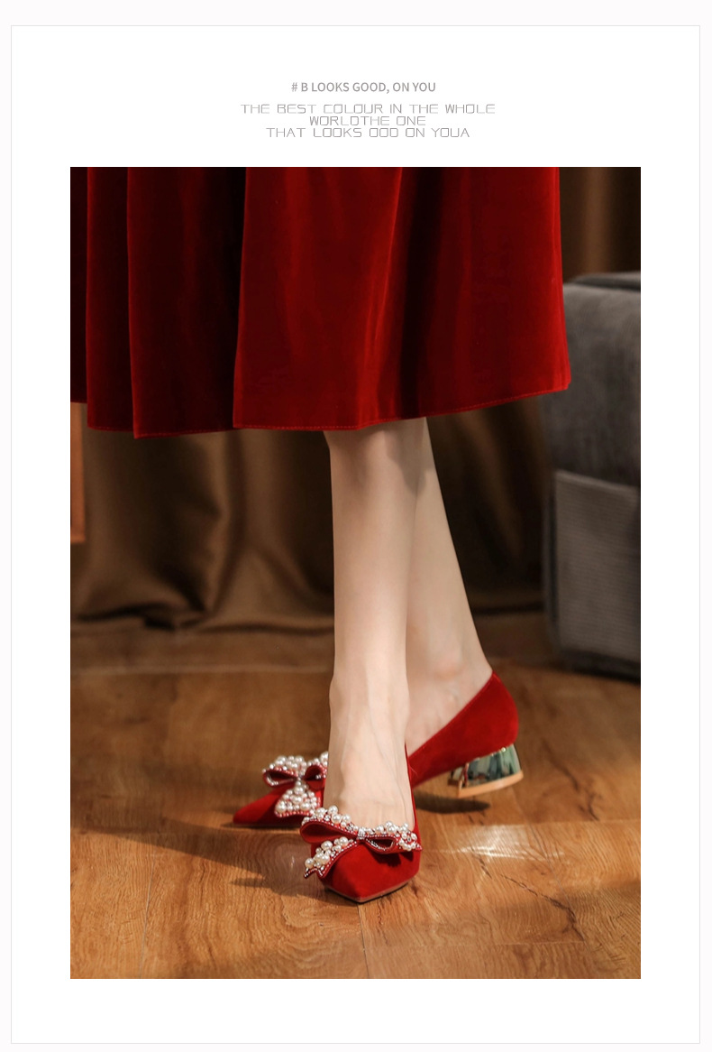 3333H-017 Chunky Heel Suède Rode Hoge Hakken Met Strik Voor Banket Bruiloft Comfortabele En Gemakkelijk Te Dragen Damesschoenen_voghion.com