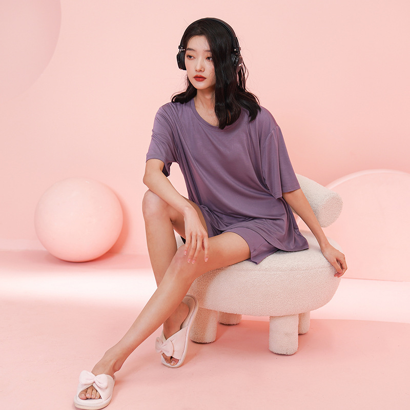 Pijama modal pantalones cortos de manga corta de verano de las mujeres con almohadilla en el pecho fresco delgado más tamaño verano homewear al aire libre