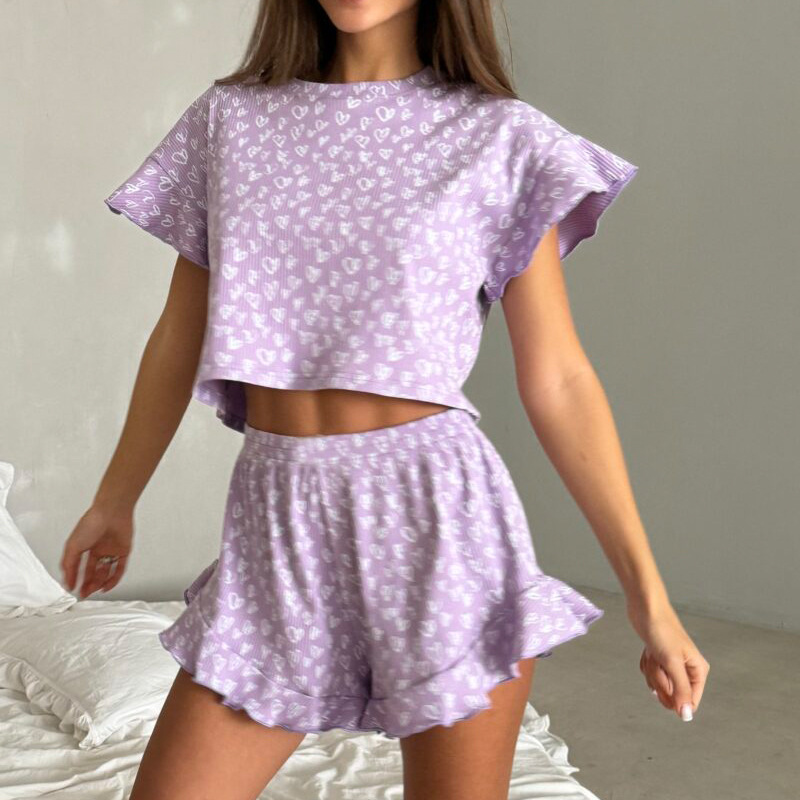 Summer Ladies Casual Printing Suit Ruffled Short Sleeve round Neck Shorts Pajamas Two Piece Set 8 Summer Ladies Casual Printing Suit Ruffled Short Sleeve round Neck Shorts Pajamas Two Piece Set