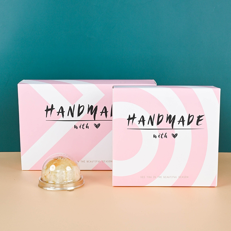 粉色简约线条蛋黄酥包装盒四粒六粒青团雪媚娘礼盒包装烘焙点心盒