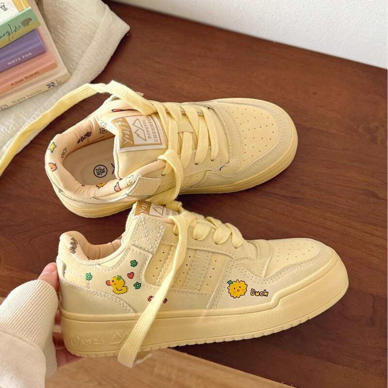 Academy Style Cute Printed Yellow Shoes Women's 2025 Spring New Ins Niche All-match Casual Board Shoes Bread Shoes