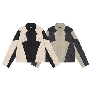 American Street Style Pu Leather Motorcycle Racing Jacket Unisex Color-Blocking National Trend Factory Niche Jacket Coat