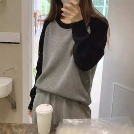 现货/2025秋季新款韩国东大门学院风休闲减龄羊毛圆领拼色毛衣