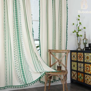 Buda factory spot Bohemian cotton and linen printing green geometric farmhouse wind green tassel finished curtain