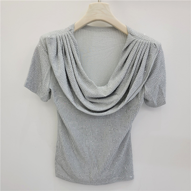 Ingeniería pesada caliente taladro camiseta de mangas cortas mujeres 2026 primavera y verano nuevo diseño un cuello plegado camiseta corta image 3