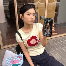 韩式复古正肩短袖女夏季苹果毛绒贴布绣短款t恤修身显瘦辣妹上衣