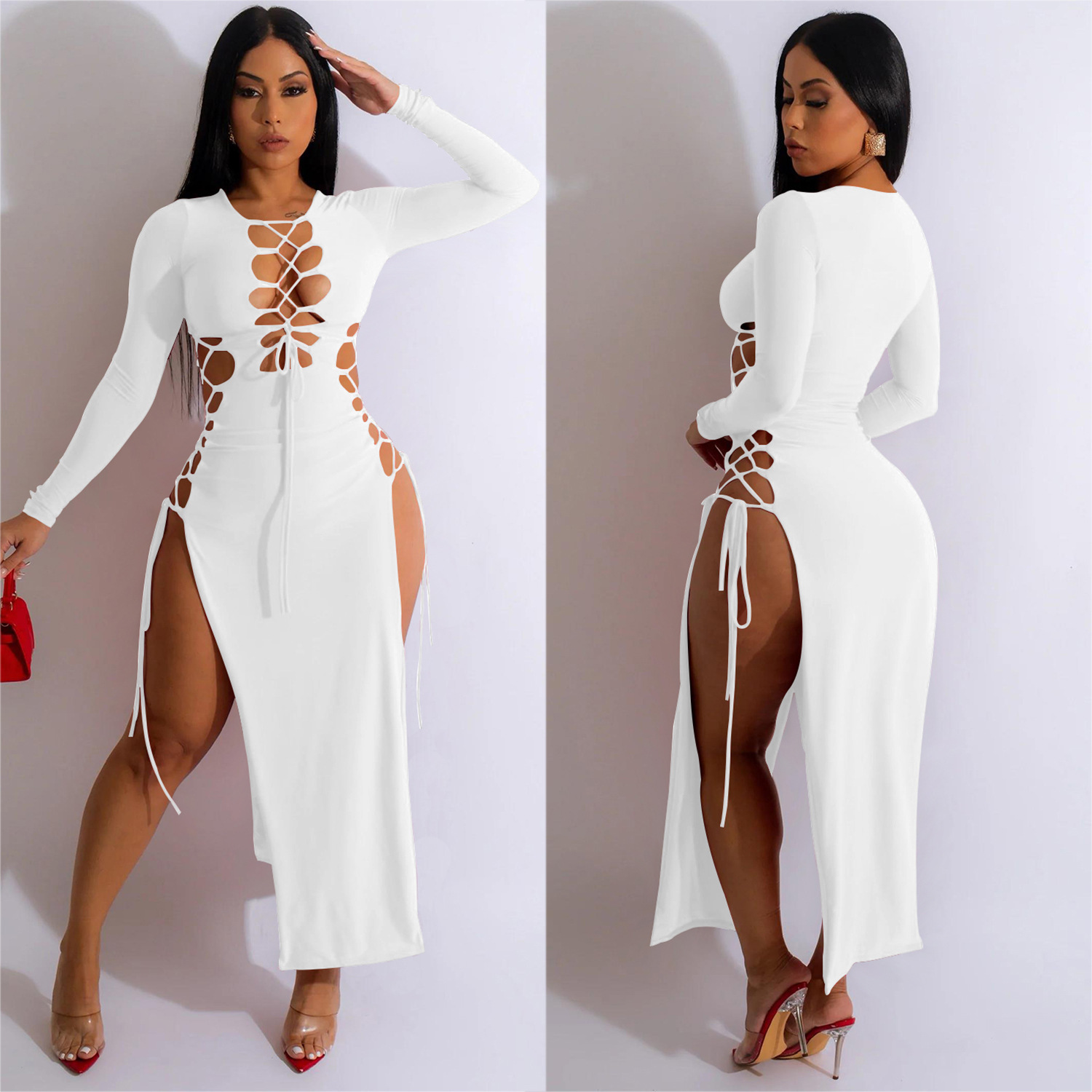 C6237 Aliexpress transfronterizo amazon ropa de moda europea y americana de mujer de color sólido corda abierta vestido de manga larga image 5