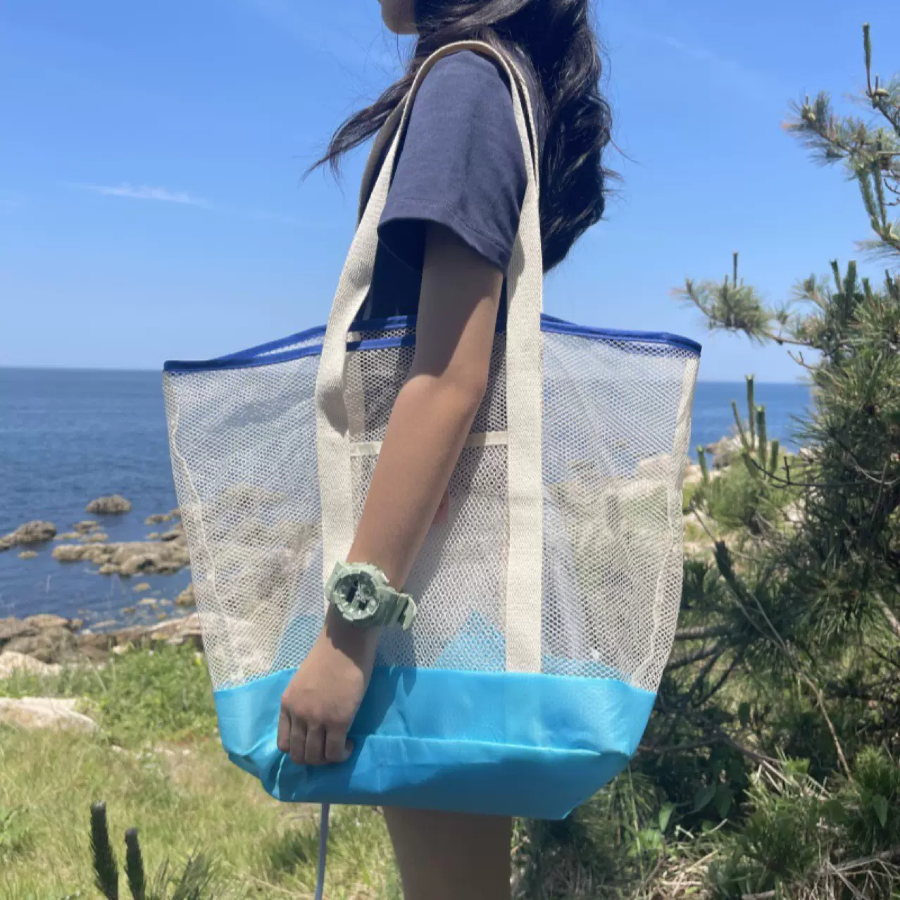 爆款韩国超轻沥水网纱包透气大容量高颜值ins拼色可折叠收纳袋
