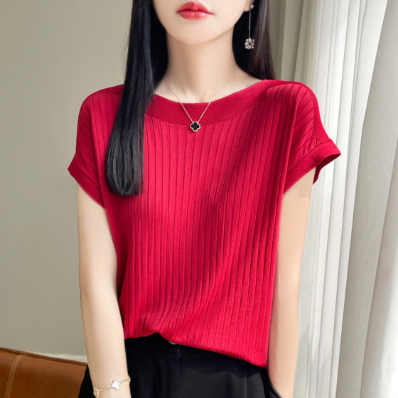 Ice Silk Knitwear Women's Loose 2024 Spring and Summer New Grey Top Thin Short-sleeved T-shirt Short-sleeved Short-sleeved Shirt