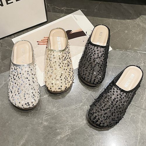 Fashionable sequins, slip-on, half-slippers, women's summer wear, new style, flat skirt, beautiful temperament sandals