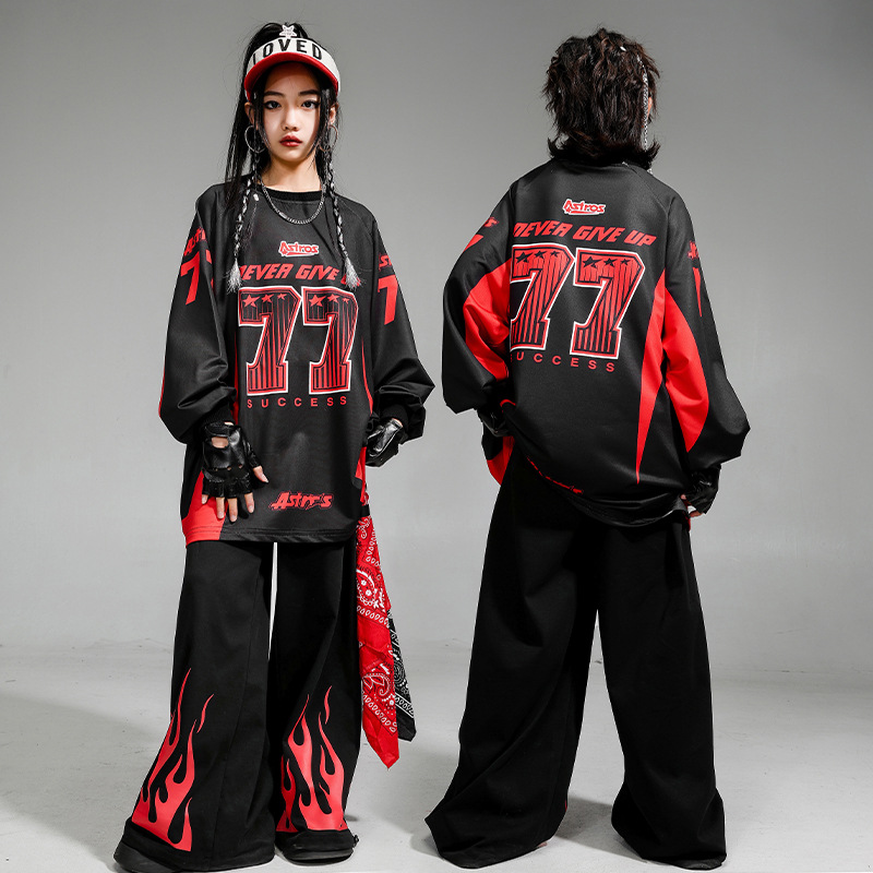 hiphop街舞童裝兒童黑紅火苗77號套裝嘻哈潮牌男童潮服女童演出服