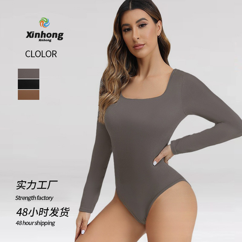 Transfronteriza caliente sin costuras alto elástico cuello cuadrado manga larga mono de alta calidad fitness hilo sexy deportes mono