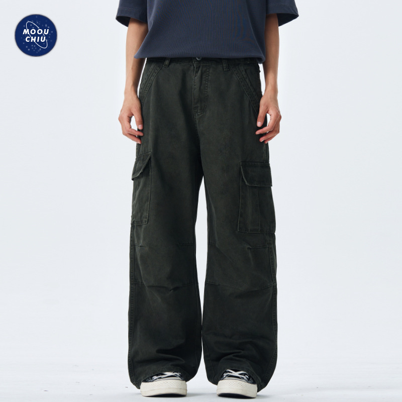 Muqiu Men's Wear ∠ Maillard Wash Fold Vintage Caught Pants Men's American Style High Street Loose Straight Leg Wide Leg Casual Pants