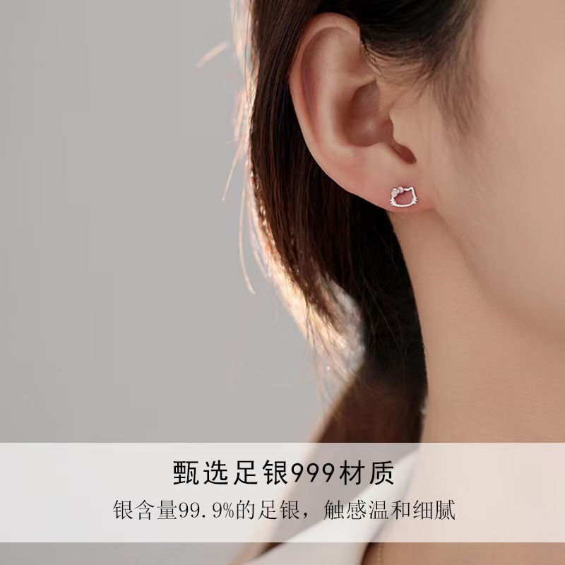 適用小巧養耳洞可愛貓咪耳釘999純銀可愛乖巧清新耳飾