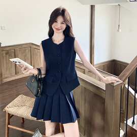 学院风无袖西装马甲套装女夏季新款法式感百褶裙两件套潮