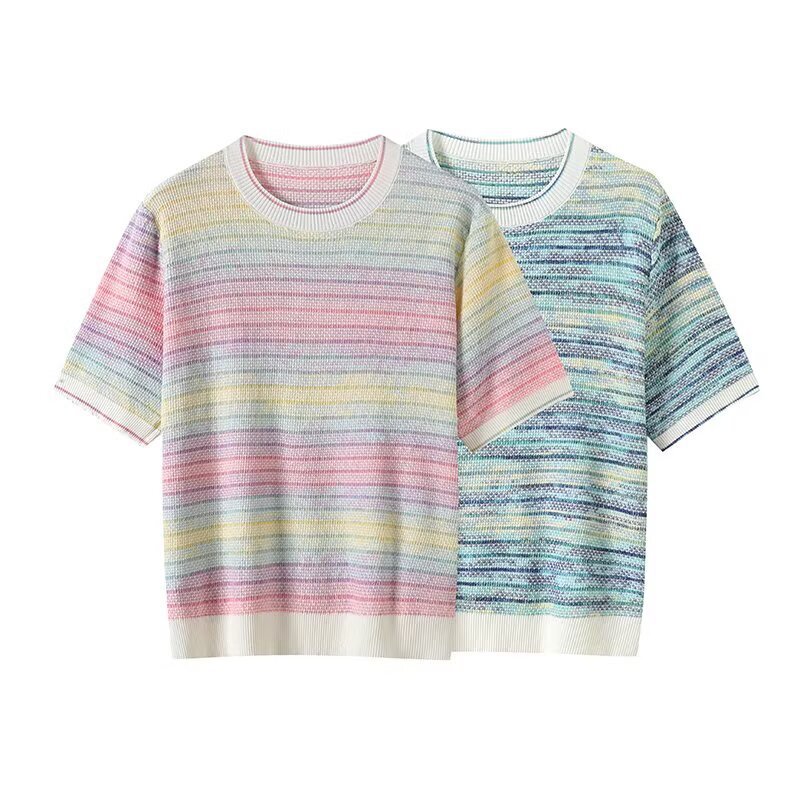 Gradient Rainbow Mulberry Silk Fancy Yarn Color-Block Short Sleeve Top for Women 25 Summer New Knitwear