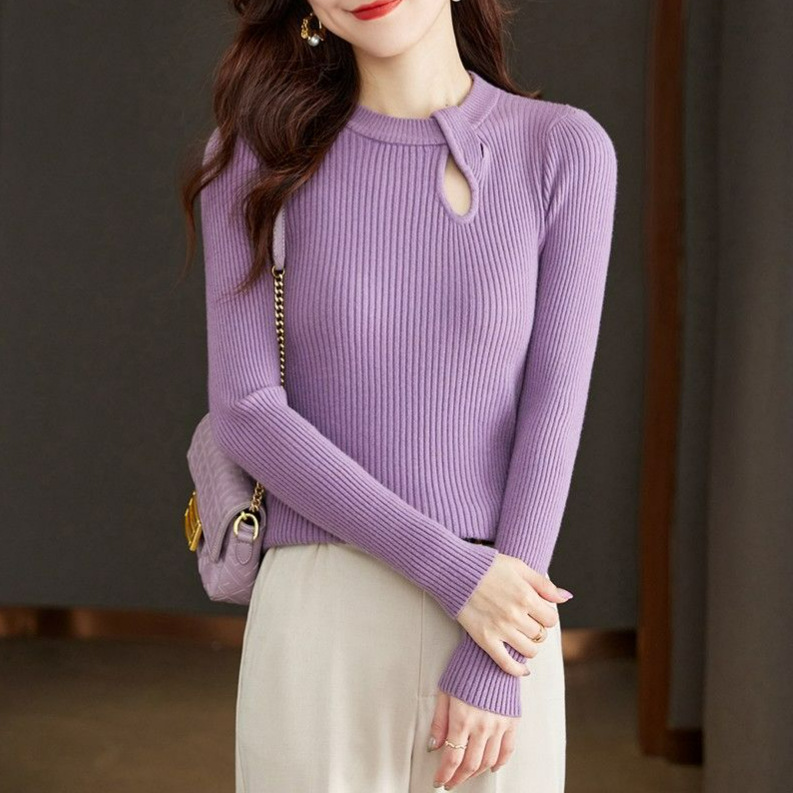 (2개) 가을과 겨울 새로운 서양식 디자인 센스 라운드 넥 할로우 탑 슬림 핏 슬리밍 내부 니트 셔츠 긴 소매 기본 셔츠
