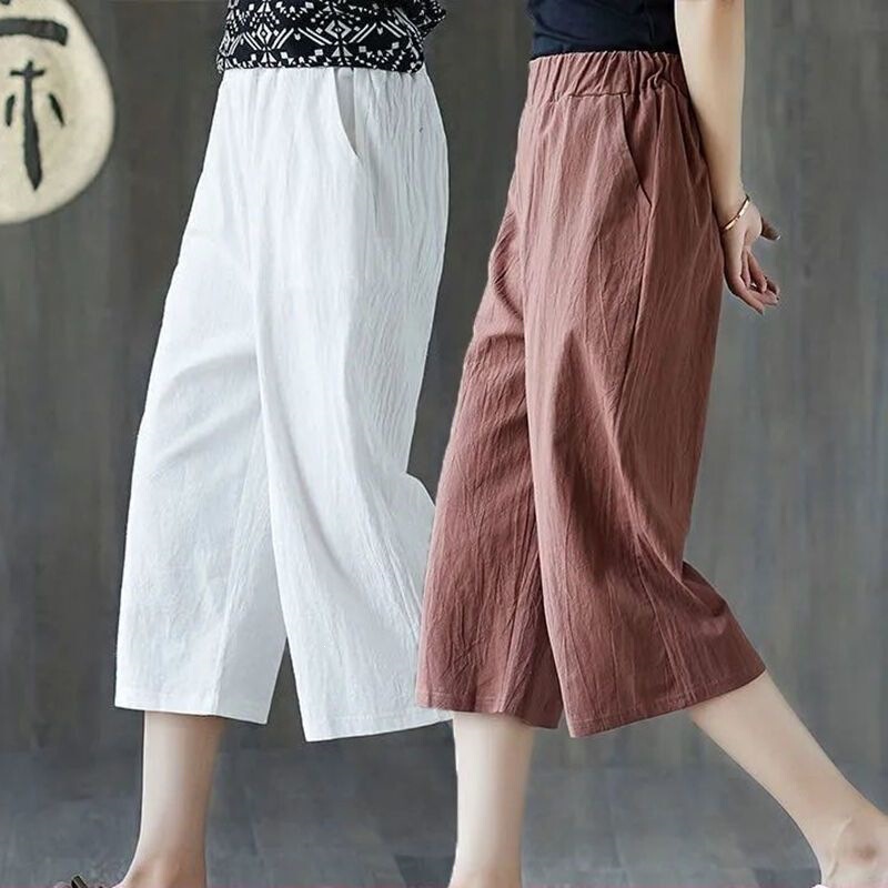 2026 Summer Plus-Size Cotton Cropped Pants Casual Women's Pants Ethnic Style Loose Thin Versatile Straight-Leg Pants Wide-Leg Pants