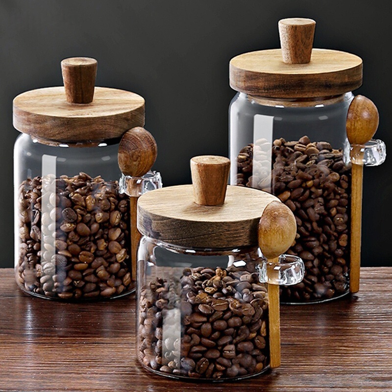 Kitchen Seasoning Dried Fruit Coffee Bean Storage Jar with Spoon Cereal Tea Sealed Jar Wooden Beads Glass Storage Jar Kitchen Seasoning Dried Fruit Coffee Bean Storage Jar with Spoon Cereal Tea Sealed Jar Wooden Beads Glass Storage Jar