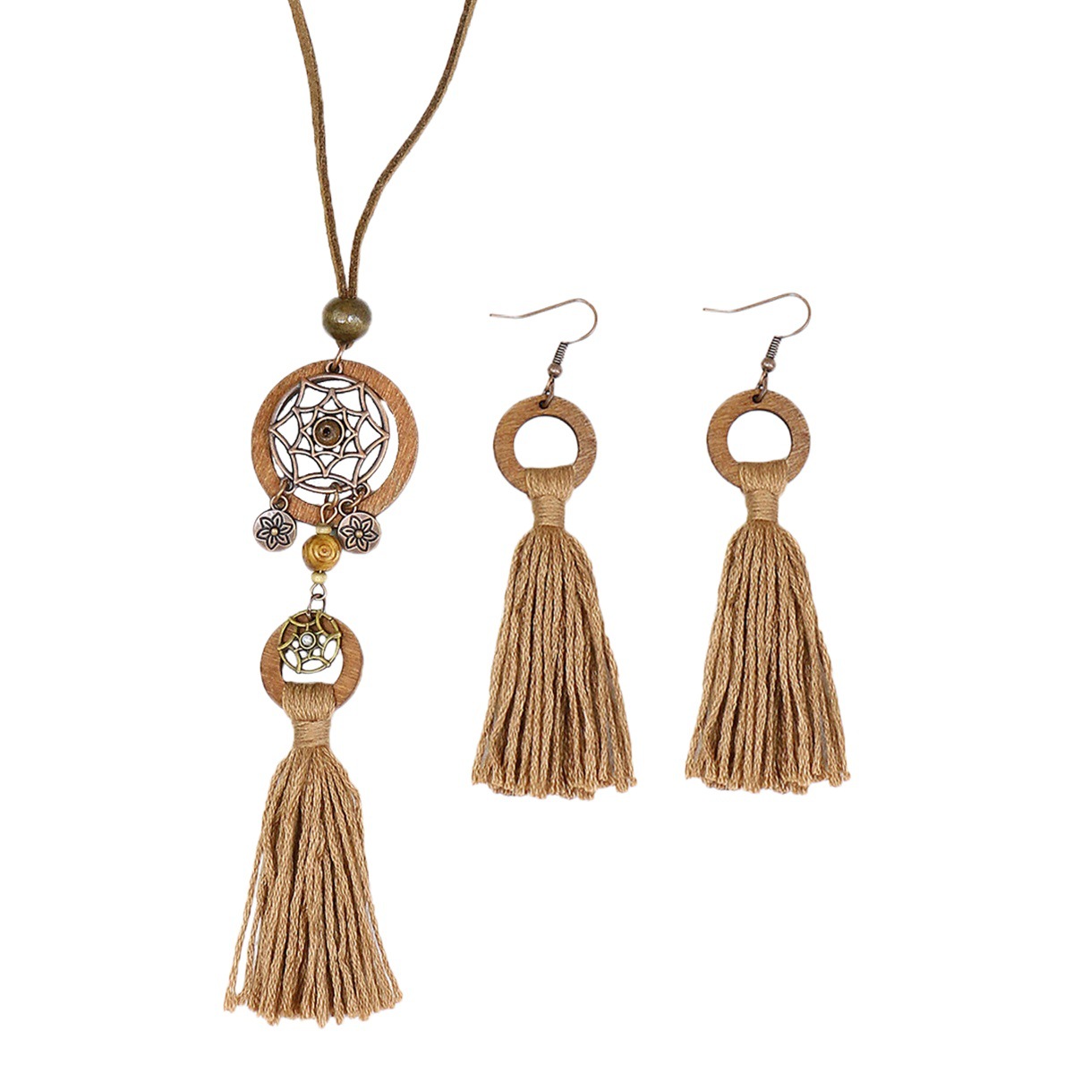 Bohemia Dream Catcher borla pendientes collar de madera estilo étnico largo borla colgante accesorios suéter cadena