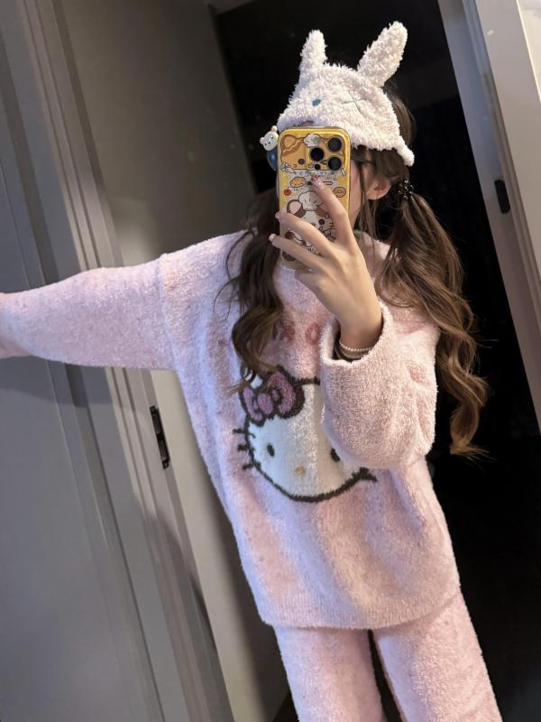 可爱kitty卡通珊瑚绒睡衣女秋冬加厚法兰绒保暖可外穿宽松家居服|undefined