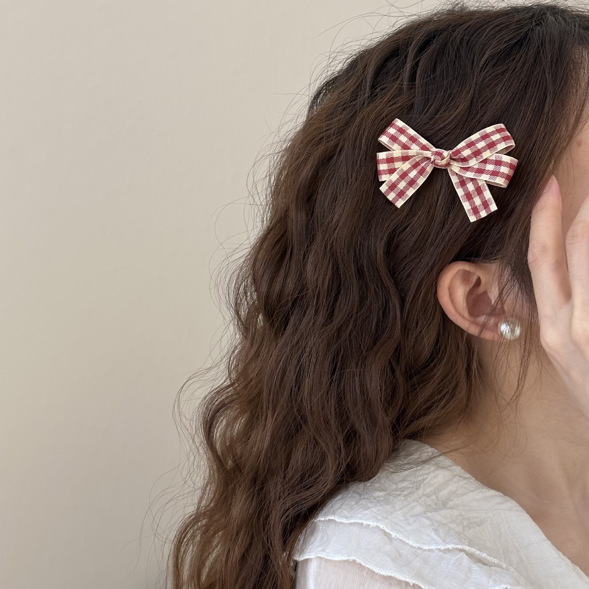 Pinza de pelo con lazo rojo a cuadros estilo coreano_voghion.com