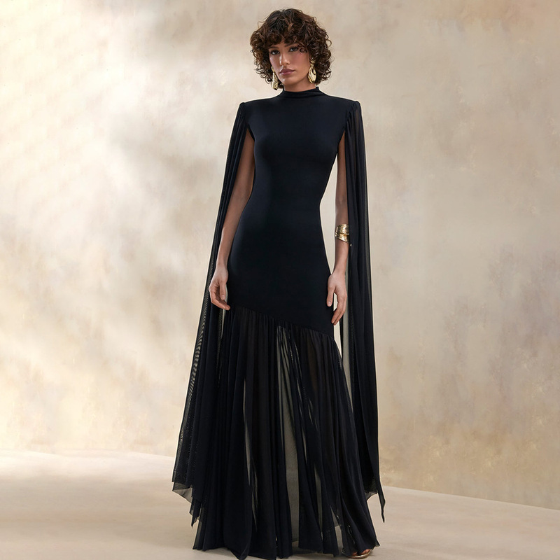 2026 New European and American Summer Black Cape Sleeve Gown Dress, Elegant Slim-Fit Evening Dress for Annual Meeting and Party 2026 New European and American Summer Black Cape Sleeve Gown Dress, Elegant Slim-Fit Evening Dress for Annual Meeting and Party