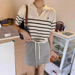 夏季POLO领T恤女藏蓝色条纹短袖人头马刺绣翻领T恤冰丝通勤