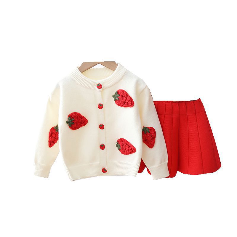 Mädchen Erdbeere 2024 Frühjahr Neue Baby Modische Obst Set Kinder Strickjacke Pullover Kleid_voghion.com