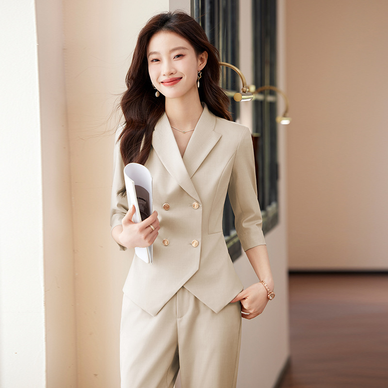 2025 Summer New Business Wear Women's High-end Mid-sleeved Double-breasted Waist Suit suit White-collar Beauty Salon Pants 2025 Summer New Business Wear Women's High-end Mid-sleeved Double-breasted Waist Suit suit White-collar Beauty Salon Pants