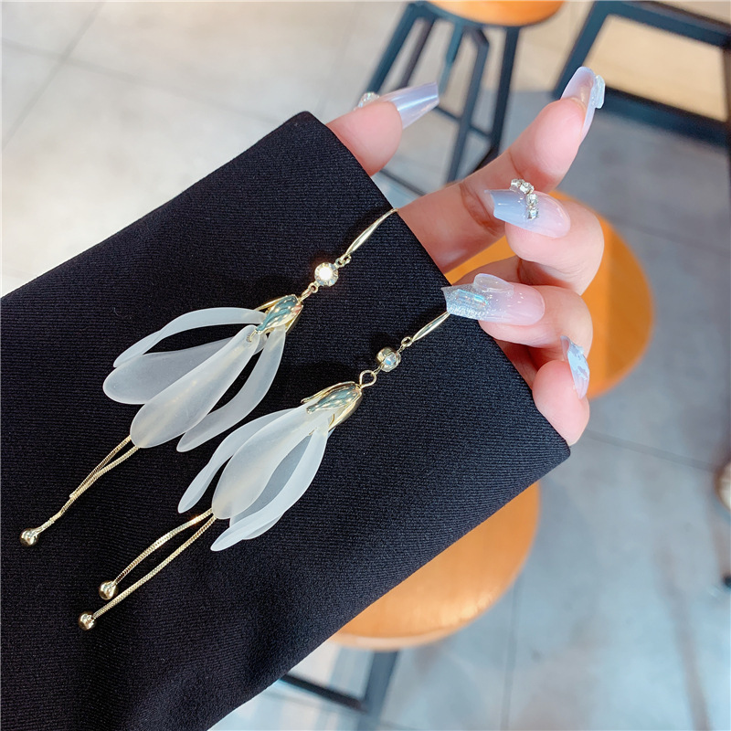 2024 Pendientes de borla de moda de nuevo estilo Pendientes largos de temperamento Pendientes de pétalo de espiga de circón con incrustaciones de súper hadas