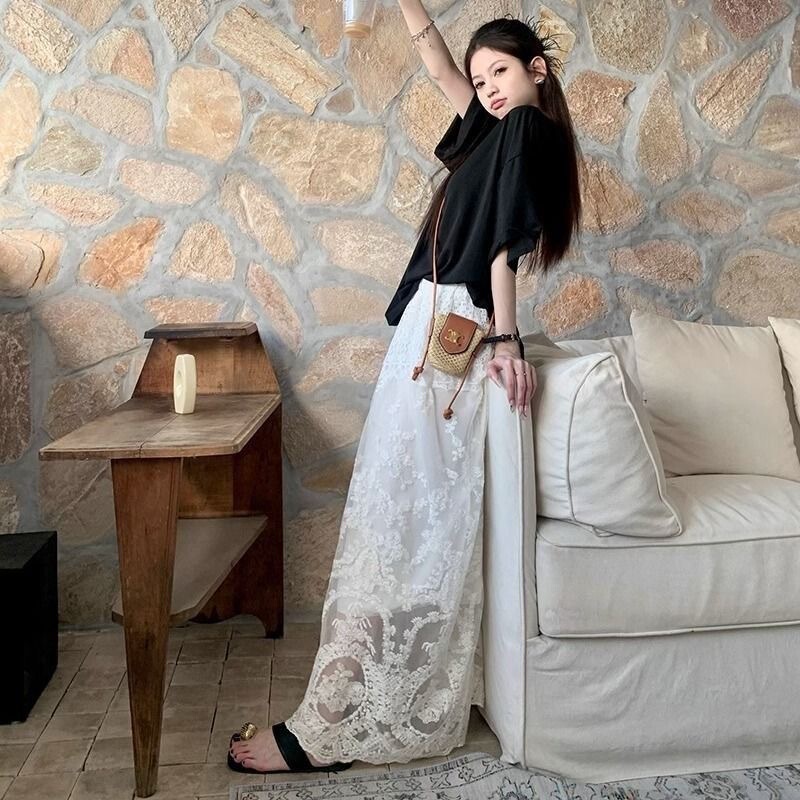Girl Style Lace Skirt 2025 Summer and Autumn New Women's High Waist Slimming Elegant Solid Color Skirt Long Skirt Girl Style Lace Skirt 2025 Summer and Autumn New Women's High Waist Slimming Elegant Solid Color Skirt Long Skirt