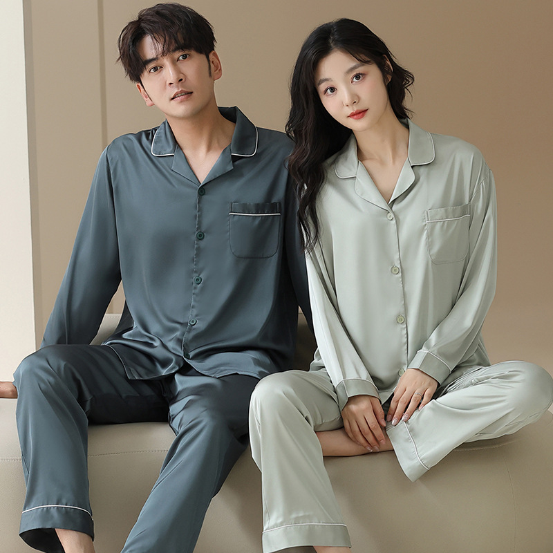 Pijamas de pareja de seda de hielo para mujer 2024 nuevo traje de ropa para el hogar de primavera y verano de hombre de seda de simulación fresca de manga larga de otoño