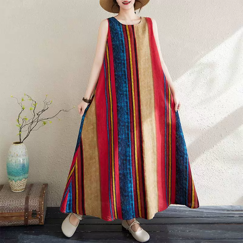 2025 реальный выстрел супер-размера 220 кг Летний богемный национальный стиль принт хлопчатобумажная льняная свободная длинная юбка большая юбка