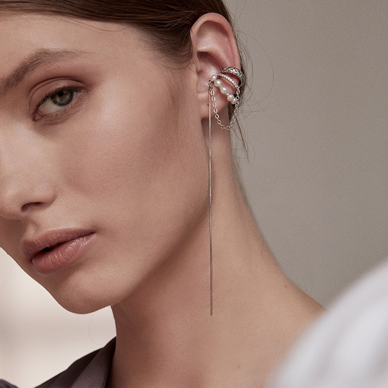 Pearl Ear Clip Women's Long Tassel Earrings Without Ear Holes Super Fairy Temperament Round Face Slimming Fairy Painless Ear Bone Clip Trendy