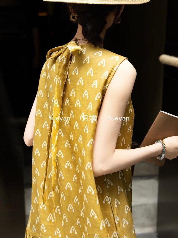 Retro Halter-Neck Mid-Length Mori-Style Bow-Knot Cover-Up Vest Dress, Vacation-Style Dress for Travel and Gatherings