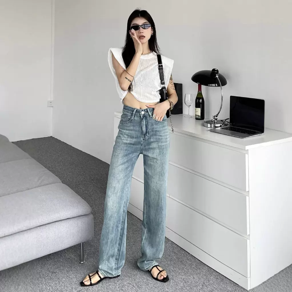 高腰天丝窄版拖地裤女2025年夏季薄款复古蓝天丝棉裤子时尚百搭