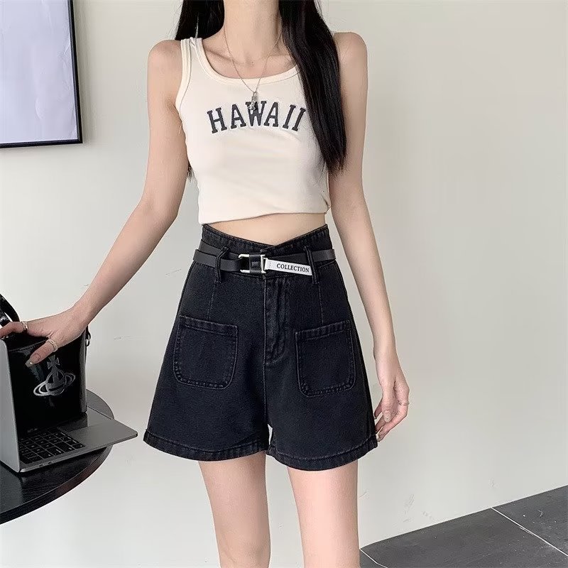 Pantalón Corto de Mezclilla de Tiro Alto para Mujer Poliéster Cintura alta, Microelástico