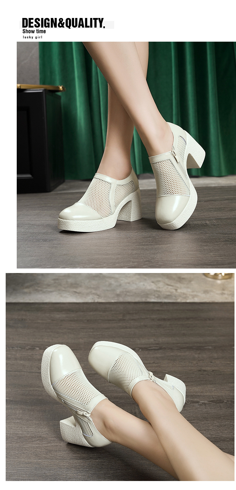 Giày sandal cao gót nữ da lưới mũi kín gót dày đế dày — đen chi tiết 6