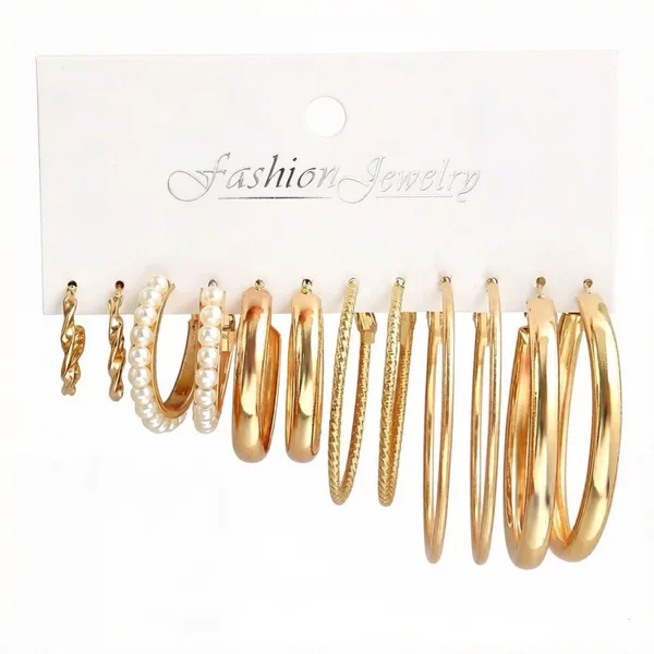 European and American Style Square Geometric Earrings, Vintage 6-Piece Set, Women's Jewelry, High-End Earrings, Natural Light Luxury Ear Hoops, Iron