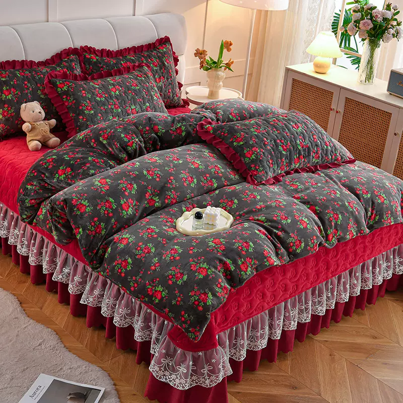 AB版小清新牛奶绒印花蕾丝花边床盖床裙四件套冬季加厚双面绒被套