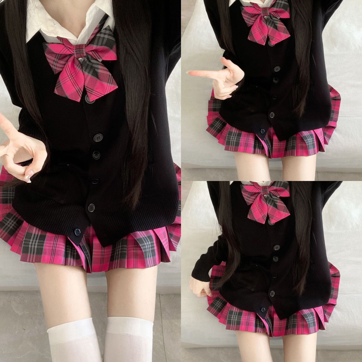 흰색 셔츠 + 나비넥타이 + 작은 체크무늬 스커트 (3종세트)