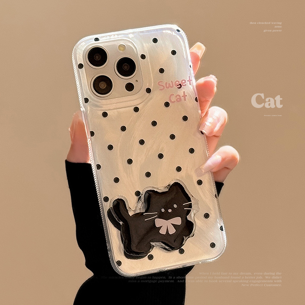 Funda para iPhone 16/15/14/11 estilo INS con estampado de lunares, diseño de gato y soporte, de hilo de plumas, rígida, compatible con Apple 17 Pro Max