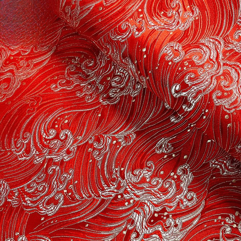 红色海浪花夹金神奈川冲浪里织锦缎布料西阵织古装丝绸缎子包面料