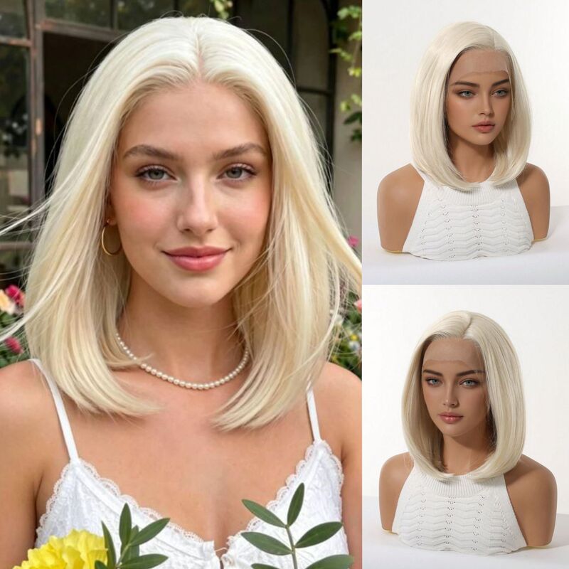 13*4 lace front wig, short straight bob style, light blonde color, shoulder-length, for European and American women, suitable for everyday wear, synthetic fiber, full wig 13*4 lace front wig, short straight bob style, light blonde color, shoulder-length, for European and American women, suitable for everyday wear, synthetic fiber, full wig