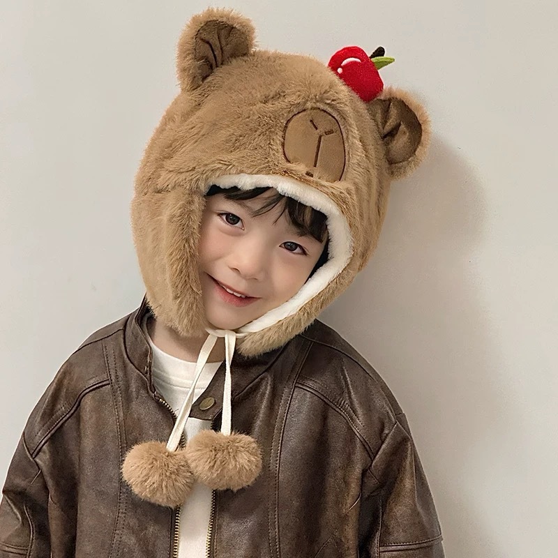儿童帽子冬季可爱呆萌卡皮巴拉毛绒护耳帽加厚防寒男童女孩套头帽|undefined