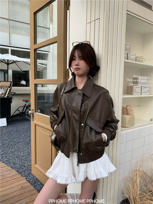 Retro American Coffee Leather Jacket Women's Early Autumn Black Sweet Cool Motorcycle Pu Leather Loose Long-Sleeved Top Retro American Coffee Leather Jacket Women's Early Autumn Black Sweet Cool Motorcycle Pu Leather Loose Long-Sleeved Top